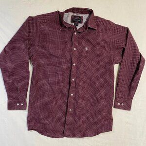 Ariat Pro Series Stretch Button Down Shirt Mens M Burgundy Checkered Pocket Logo